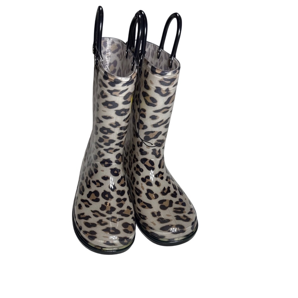 London Fog Girls Leopard Print Rain Boots Size 11 Waterproof Pull On Handles